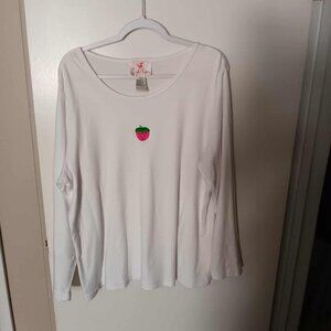 Quacker Factory woman's top white with pink Strawberry long sleeves 1X